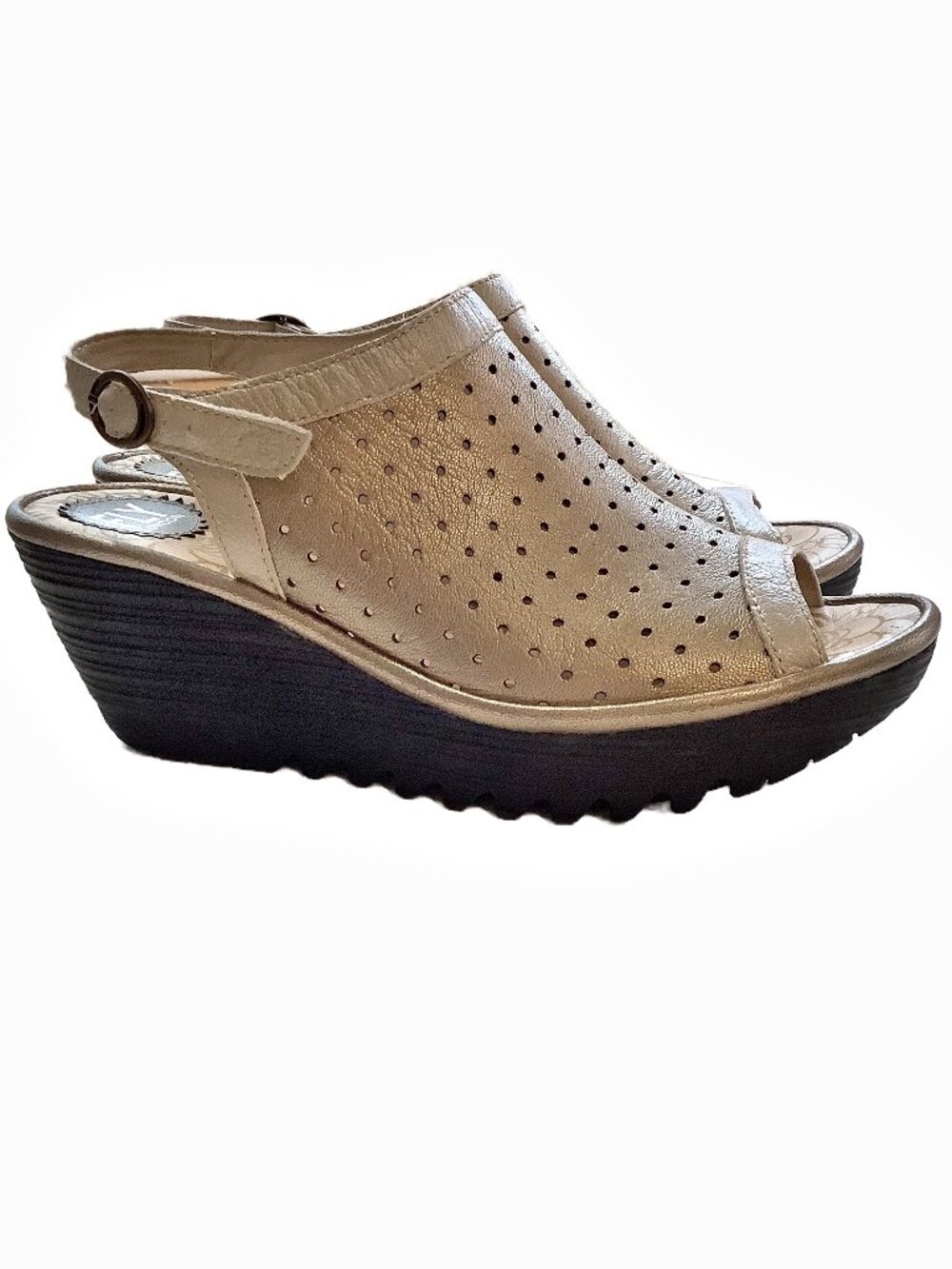 FLY London Yile Perforated Silver Leather Wedge Sandals EU 40 US 9